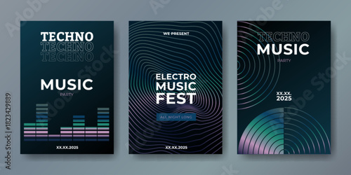 Electro music festival poster set with dynamic sound wave graphics and abstract gradient backgrounds. Creative flyer designs with geometric patterns, fluid lines and futuristic elements for DJ concert