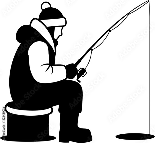 Minimalist black silhouette of an angler enjoying the hobby of ice fishing during cold winter weather
