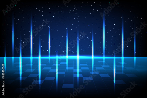 Glowing blue light beams rising from a digital grid horizon with a starry sky, creating a futuristic sci fi atmosphere