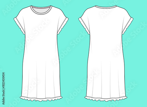 Women's Ruffled Nightgown Flat Sketch with Rolled Sleeves Front and Back Views