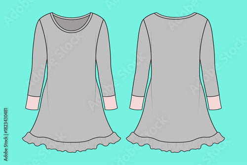 Women's Long Sleeve Ruffle Hem Nightgown Tunic Dress Technical Drawing Flat Sketch
