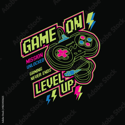 Game On level up neon console typography lettering vector graphic poster.eps