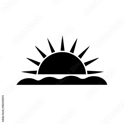 Simple black and white illustration of the sun rising over the ocean waves