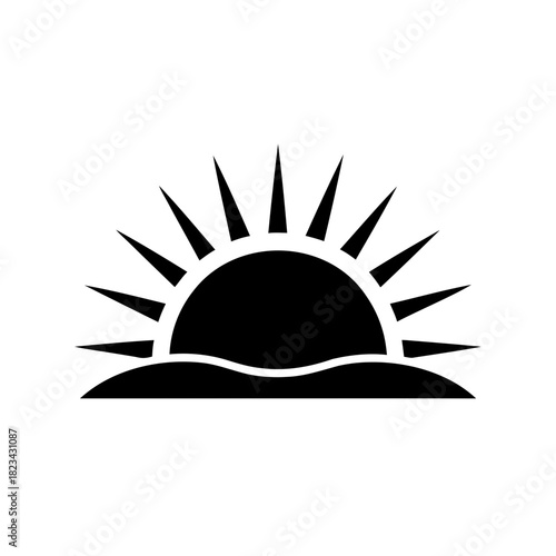 Stylized black and white sun rising over horizon, sunrise, sunset, simple design