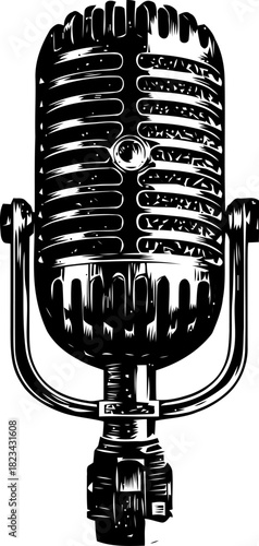 Vintage microphone illustration in black and white for retro theme design