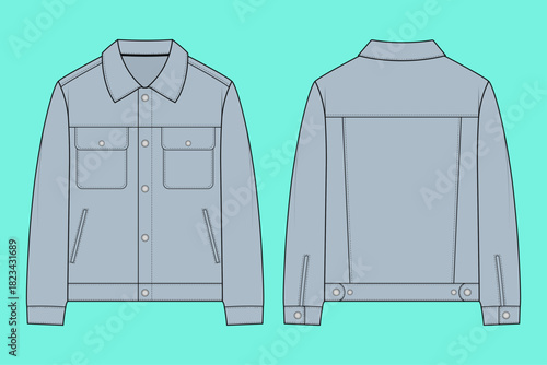 Unisex Classic Denim Trucker Jacket with Flap Pockets Fashion Flat Sketch Template Outline CAD Mockup