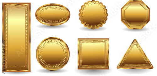 set of gold silver and bronze medals, set of  gold frames, Ornate gold frame Showcase of metal identification badges in various shapes. sits elegantly on a Transparent background, perfect for text or 