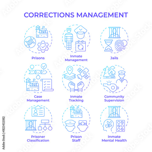 Corrections management blue gradient concept icons. Criminals punishment and rehabilitation processes. Prisons control. Icon pack. Vector images. Round shape illustrations for website. Abstract idea