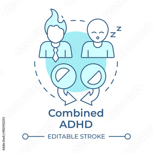 Combined adhd soft blue concept icon. Attention deficit, mood control. Social communication. Round shape line illustration. Abstract idea. Graphic design. Easy to use in blog post, booklet