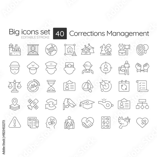 Corrections management line icons set. Prisons, jails, parole and probation administration. Criminals imprisoning. Isolated vector outline illustrations. Thin lineart iconset symbols. Editable stroke