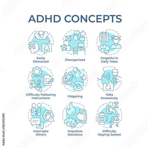 ADHD soft blue concept icons. Social communication, brain illness. Task management, impulsive decisions. Icon pack. Vector images. Round shape illustrations for blog post, booklet. Abstract idea