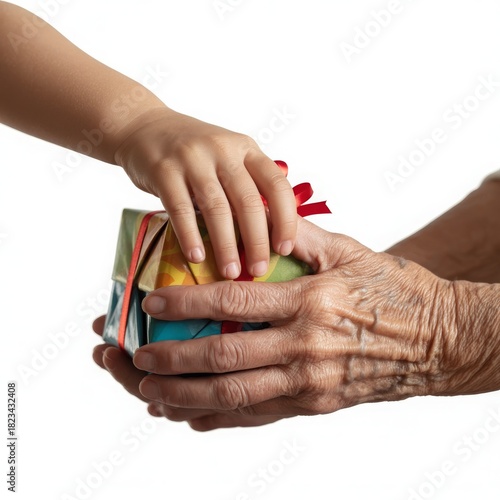 Close-up of intergenerational gesture with small present and aged hands — minimalist scene ideal for editorial photography, family content, and kindness-themed visuals.