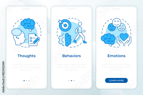 Cognitive psychotherapy blue onboarding mobile app screen. Mental health. Walkthrough 3 steps editable graphic instructions with linear concepts. UI, UX, GUI. Montserrat SemiBold, Regular fonts used