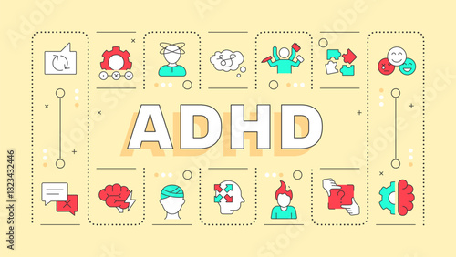 ADHD yellow word concept. Neurology disorder. Head injury. Mental health. Communication issue. Typography banner. Vector illustration with title text, editable icons color. Hubot Sans font used