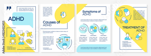 ADHD treatment blue and yellow brochure layout. Hyperactivity disorder. Genetical research. Leaflet advertising design with color line icons. Editable 4 pages. Questrial, Lato-Regular fonts used