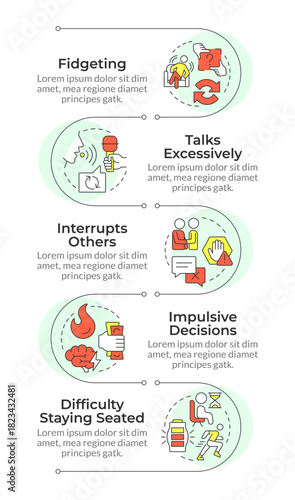 ADHD impulse control infographic vertical sequence. Attention control, speaking skills. Visualization infochart with 5 steps. Circles workflow. Montserrat SemiBold, Lato Regular fonts used
