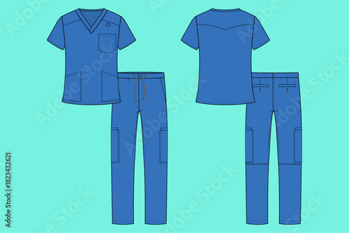 V-Neck Scrub Top and Cargo Pant Medical Uniform Set Apparel Fashion Flat Sketch CAD