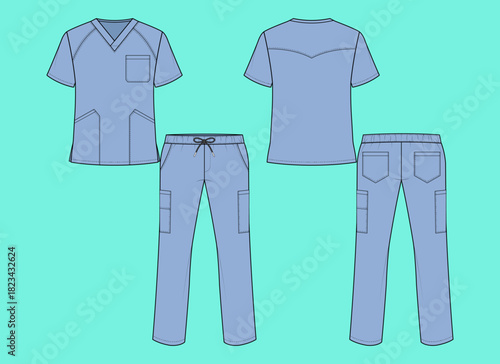 Unisex Modern V-Neck Medical Scrubs with Cargo Pants Apparel Fashion Flat Sketch CAD