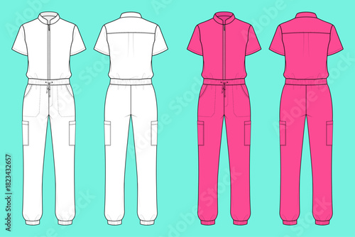 Unisex Short Sleeve Zip-Front Jumpsuit Medical Scrub Colorway Set Fashion Flat Sketch Outline CAD Mockup Template.