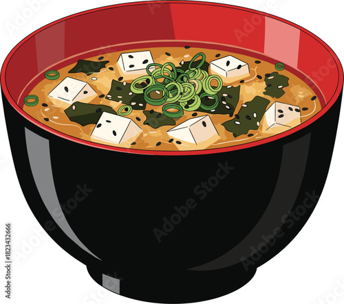 Traditional Japanese Miso Soup Vector Illustration, Served in a Black and Red Bowl, Topped with Tofu Cubes, Wakame Seaweed, and Fresh Green Onions.