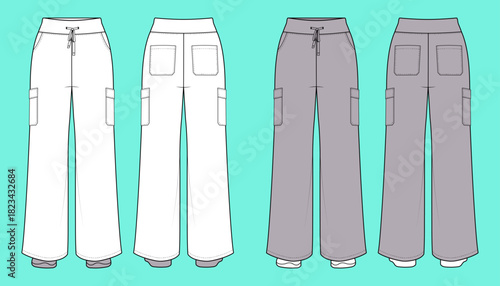 Unisex Wide Leg Cargo Pants with Drawstring and Patch Pockets Fashion Technical Flat Sketch CAD