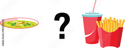 Healthy Soup Versus Fast Food Combo Vector Illustration, Highlighting the Choice Between Green Vegetable Dish and French Fries with Soda Drink, Representing Diet Decision.