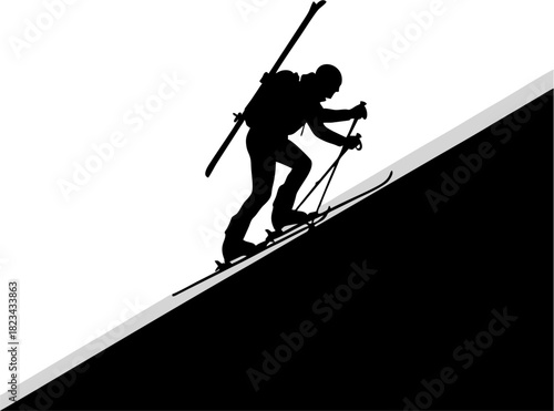 Silhouette of a Skier Ascending a Slope Overcoming Challenges in the Mountains