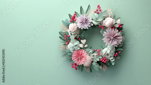 Pastel floral wreath with paper flowers and leaves on a soft turquoise background.