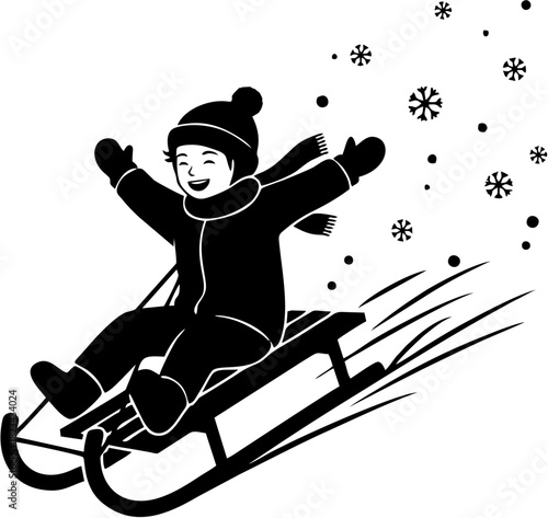 Joyful child experiencing the thrill of a snowy sled ride, embracing the exhilarating descent amidst a flurry of falling snowflakes and winter fun