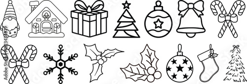 Christmas line icon set. New year, xmas, santa claus, christmas tree, holiday, gift, snowman, elf, angel. Outline vector icon in linear style. Conceptual pictogram collection.
