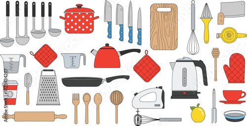 Large Collection of Kitchen Utensils and Appliances Vector Illustrations, Including Pots, Knives, Kettle, Mixer, and Cooking Accessories in a Colorful Flat Design Style.