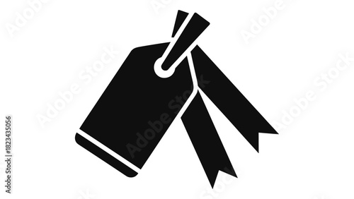Icon of a classic black product tag with elegant hanging ribbons, perfect for e-commerce, sales, and promotional labels.
