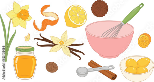 Set of Baking and Dessert Ingredients Vector Illustrations, Including Honey, Lemon, Vanilla, Cinnamon, Egg Yolks, and Kitchen Utensils for Recipe and Culinary Design.