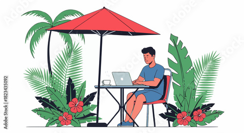 young man working on laptop in the garden