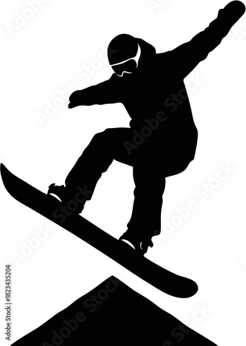 Silhouette of a snowboarder performing a jump on a snow-covered slope, capturing the thrill of winter sports