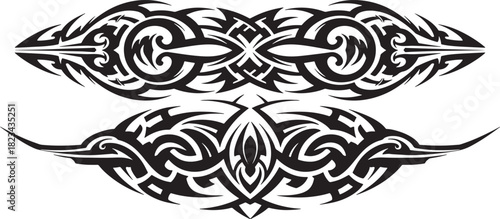 A duo of black symmetrical tribal art designs, featuring sharp and flowing patterns ideal for body tattoos or decorative decals