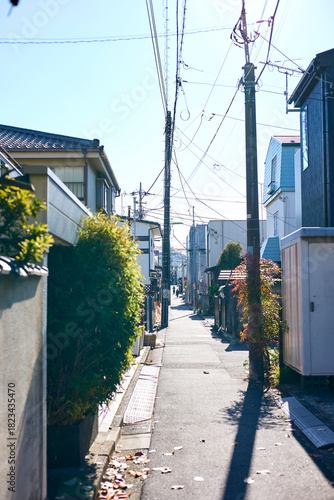 Narrow alley in Japanese residential area with utility poles and power lines