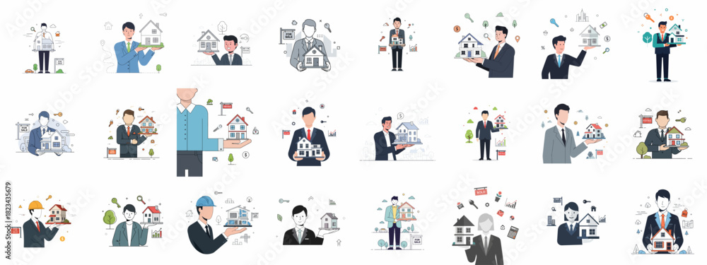 Obraz premium Diverse Set of Real Estate Concepts Featuring Professionals, Brokers, and Agents Holding Houses, Keys, and Property Transaction Symbols.