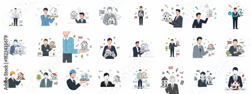 Diverse Set of Real Estate Concepts Featuring Professionals, Brokers, and Agents Holding Houses, Keys, and Property Transaction Symbols.