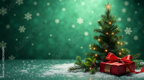 Snow-Tipped Christmas Tree with Gifts and Ornaments on Green Holiday Background