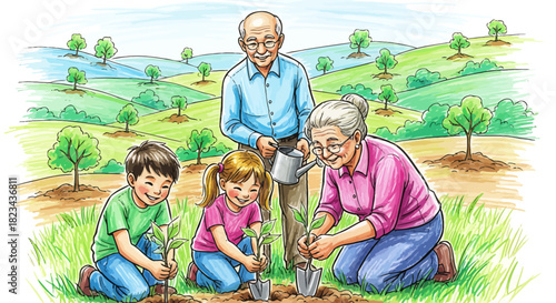 Grandparents and grandchildren planting trees together in a green field.