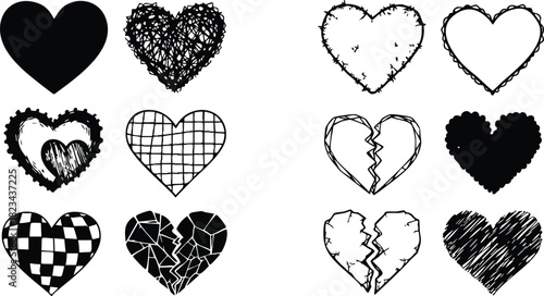 Set of black and white heart shapes with various textures and broken designs in vector illustration style 