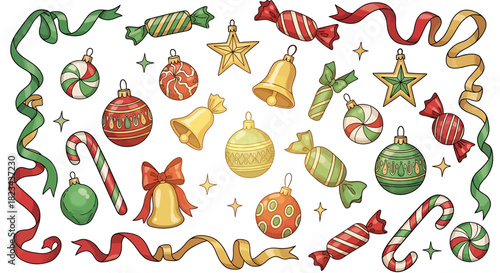 Hand drawn collection of colorful Christmas decorations and ornaments.
