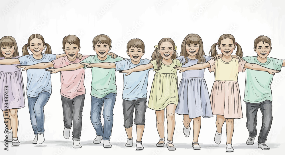 Fototapeta premium Hand drawn illustration of a happy group of children standing together in a line.