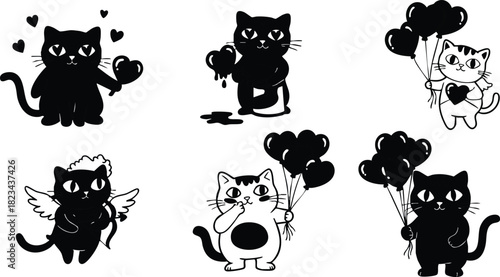 Cute black and white cats holding heart-shaped balloons and love symbols vector illustration for Valentines Day design 