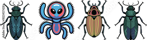 Metallic Beetle and Cute Alien Spider Vector Set: Insect and Sci-Fi Creature Collection