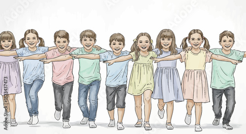 Hand drawn illustration of a happy group of children standing together in a line.