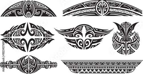 Collection of black vector symmetrical Maori and Polynesian tribal art tattoo designs for decoration, body art, and cultural representation