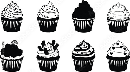 Cupcake silhouette collection with various frosting designs and toppings in black vector illustration set 