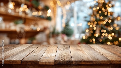 Rustic wooden table surface with blurred Christmas tree and bokeh lights background wood texture tabletop